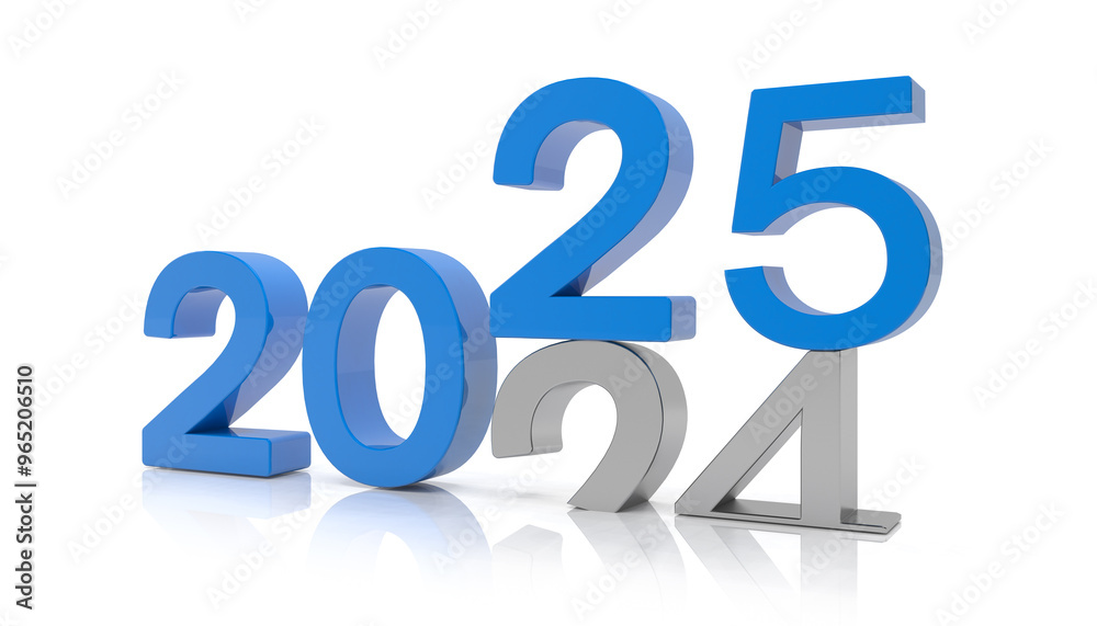 3d render of the numbers 2025 and 24 in blue and silver color over white reflecting background. The number 25 falls on the number 24 and breaks in it in the ground. - Vacation concept. 3d render of the numbers 2025 and 24 in blue and silver color over white reflecting background. The number 25 falls on the number 24 and breaks in it in the ground. - Vacation concept.