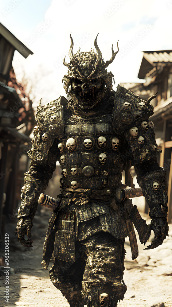 A samurai wearing menacing armor made from oni material, with a helmet, walking through an Edo period town during bright daylight A samurai wearing menacing armor made from oni material, with a helmet, walking through an Edo period town during bright daylight