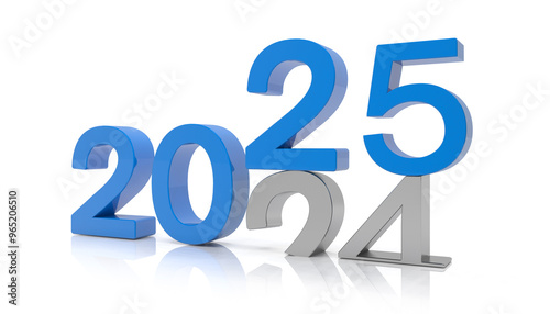 3d render of the numbers 2025 and 24 in blue and silver color over white reflecting background. The number 25 falls on the number 24 and breaks in it in the ground. - Vacation concept.