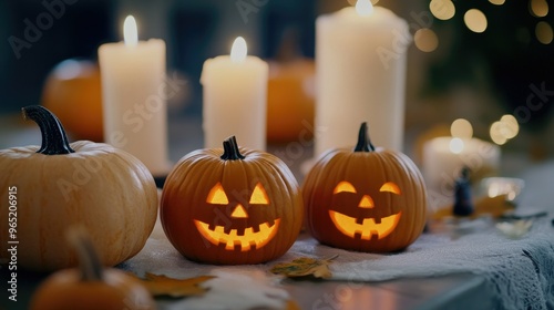 Halloween Pumpkins And Candles On Wooden.