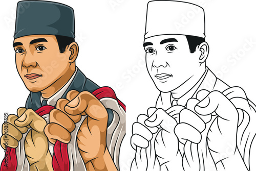 Illustration of Sukarno's face with hand holding red and white flag vector art set photo