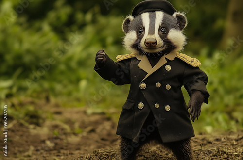 Joyful Badger Cub in Cadet Uniform Standing Upright - Adorable and Brave photo