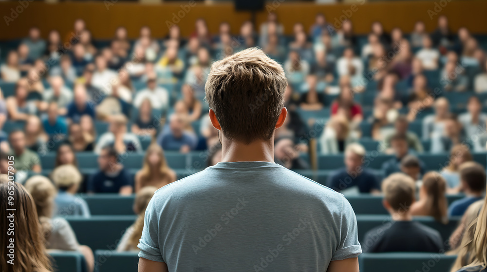 A view from behind of a man standing and facing a crowd in front of him. A view from behind of a man standing and facing a crowd in front of him.