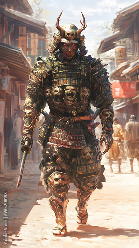 A samurai wearing menacing armor made from oni material, with a helmet, walking through an Edo period town during bright daylight