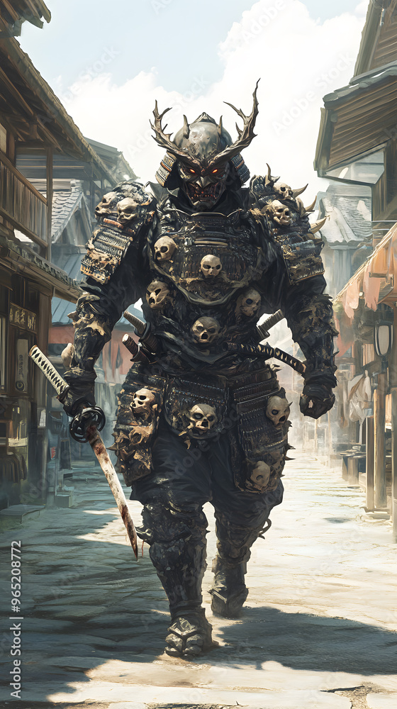 A samurai wearing menacing armor made from oni material, with a helmet, walking through an Edo period town during bright daylight A samurai wearing menacing armor made from oni material, with a helmet, walking through an Edo period town during bright daylight