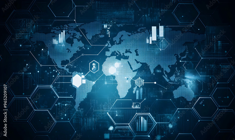 Abstract digital world map background with hexagonal patterns and data visualizations. Abstract digital world map background with hexagonal patterns and data visualizations.