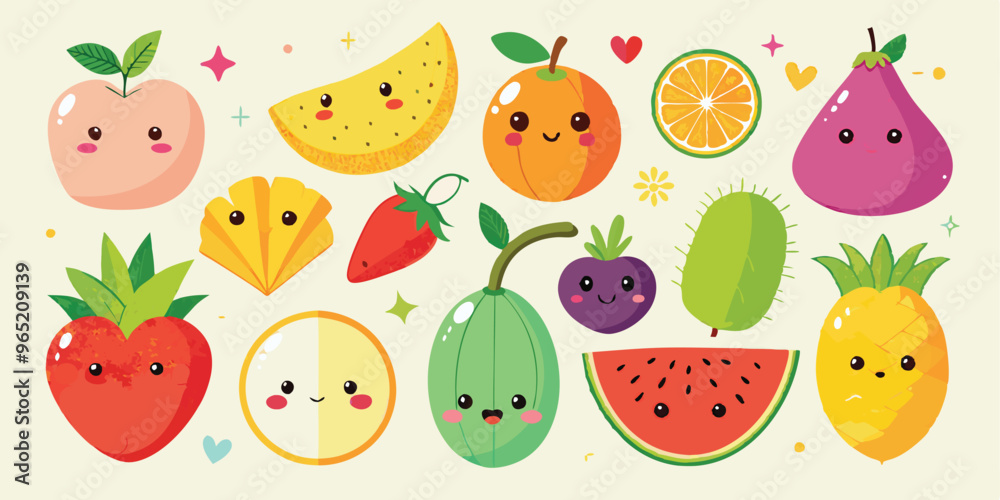 Fototapeta premium set of cute fruits kawaii characters