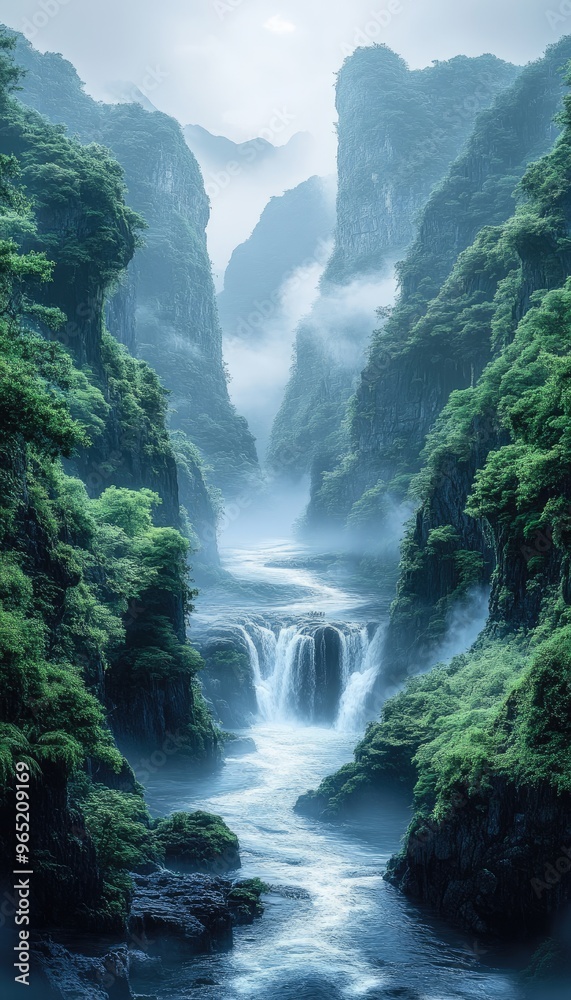 A majestic waterfall flows through a misty canyon. The photo depicts the beauty and serenity of nature. A majestic waterfall flows through a misty canyon. The photo depicts the beauty and serenity of nature.