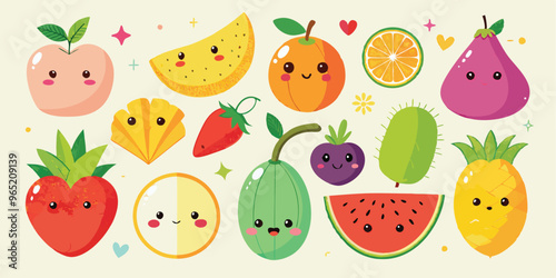 set of cute fruits kawaii characters