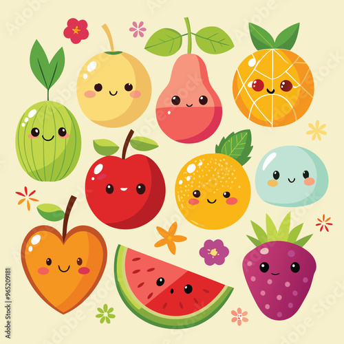 set of kawaii cute fruits vector illustration design