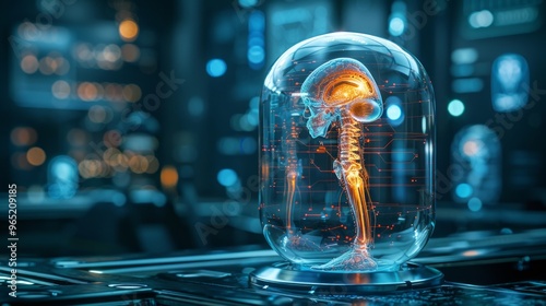 Bone knee joint human organ inside transparent dome shield protection futuristic with medical icon. Technology innovation health care. Empty space for text. Medical science ads website banner.  photo