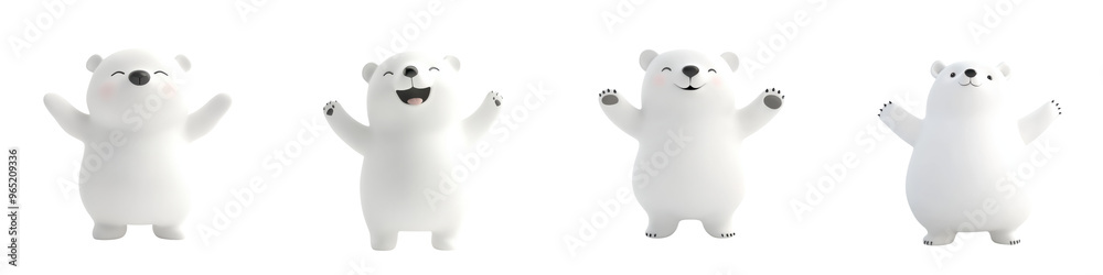 A cheerful group of four playful polar bears celebrating joy. Perfect for conveying happiness and winter themes in design. A cheerful group of four playful polar bears celebrating joy. Perfect for conveying happiness and winter themes in design.