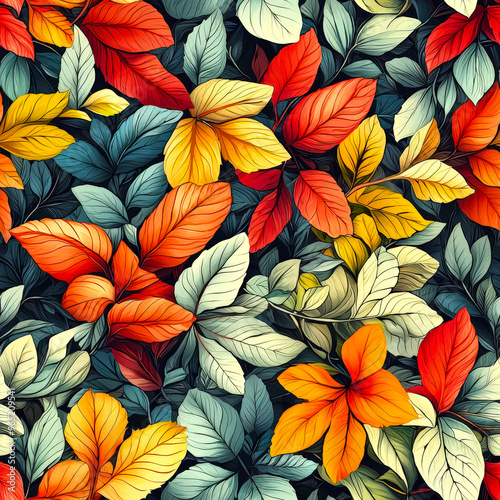 Seamless autumn pattern. A bright botanical background with a variety of leaves of different colors. A beautiful backdrop