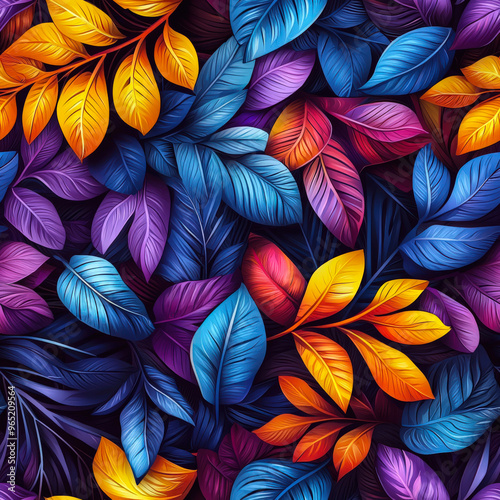 A seamless pattern of colorful branches. A vibrant botanical background made in a variety of colors, including blue, yellow, purple and red. Abstract background for the design