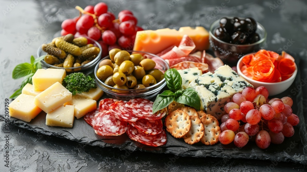 Cheese platter with craft cheese assortment on slate board at black background