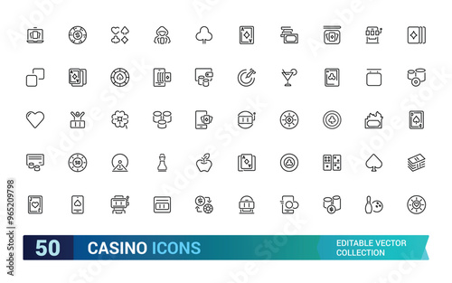 Casino icons set. Collection of vector line icons with elements for mobile concept and web app. Icons of slot machine, dice and more, Outline icon collection. Editable stroke icons.