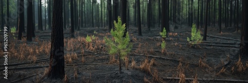 A resilient young pine tree grows amidst the aftermath of a forest fire, showcasing nature's recovery power. photo