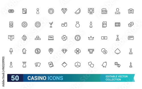 Casino icons set. Collection of vector line icons with elements for mobile concept and web app. Icons of slot machine, dice and more, Outline icon collection. Editable stroke icons.