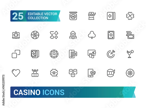 Casino icons set. Collection of vector line icons with elements for mobile concept and web app. Icons of slot machine, dice and more, Outline icon collection. Editable stroke icons.