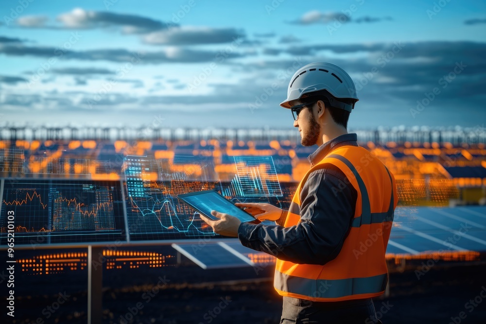 Very realistic and photographic photo of an engineer interacting with a tablet in front of a solar farm, surrounded by futuristic holographic displays of complex data and charts. The scene is bathed
