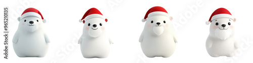 Four adorable polar bears wearing festive Santa hats, perfect for holiday-themed graphics and winter decorations.