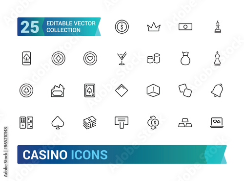 Casino icons set. Collection of vector line icons with elements for mobile concept and web app. Icons of slot machine, dice and more, Outline icon collection. Editable stroke icons.