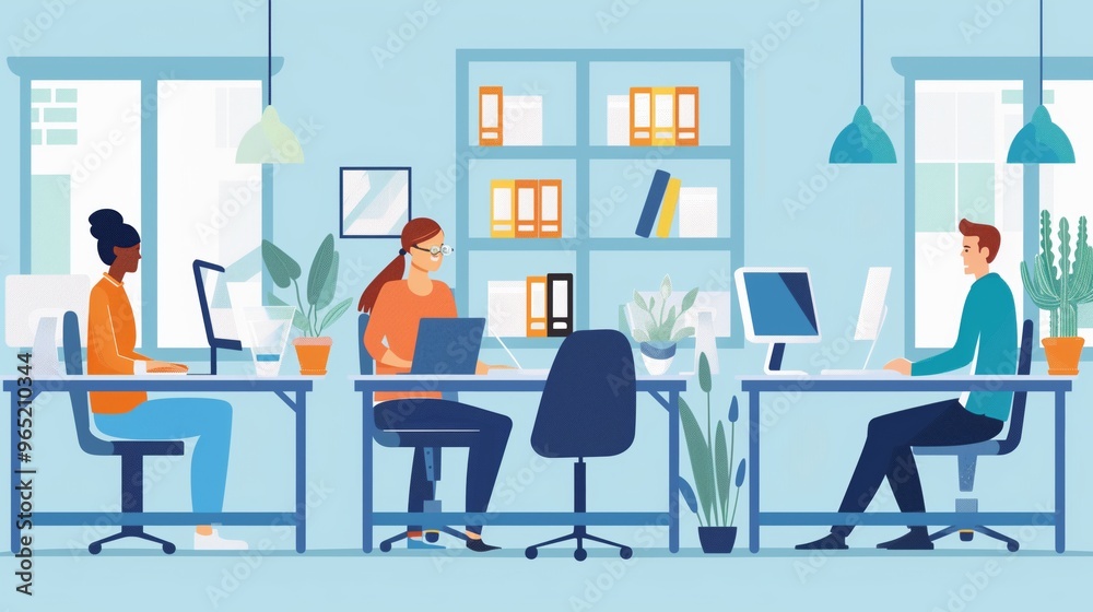 Illustration of Modern Office Workspace with Employees Working on Computers and Laptops, Collaborative Business Environment Illustration of Modern Office Workspace with Employees Working on Computers and Laptops, Collaborative Business Environment