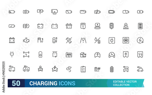 Charging and battery icon collections. Set of icons for charging technology, charging connection, recycling, energy and more, Outline icon collection. Editable stroke icons. photo