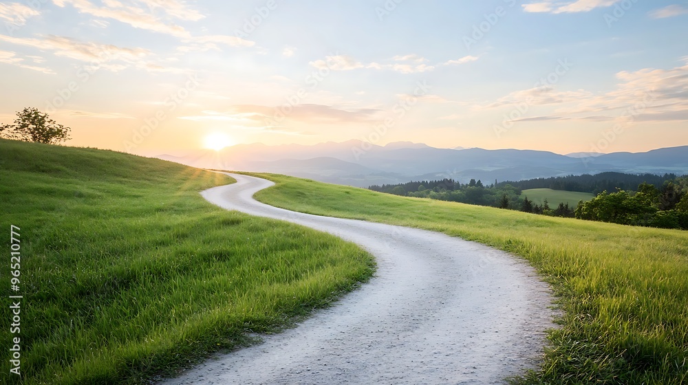 Bright sunrise illuminating a winding road, symbolizing the start of a new path Bright sunrise illuminating a winding road, symbolizing the start of a new path