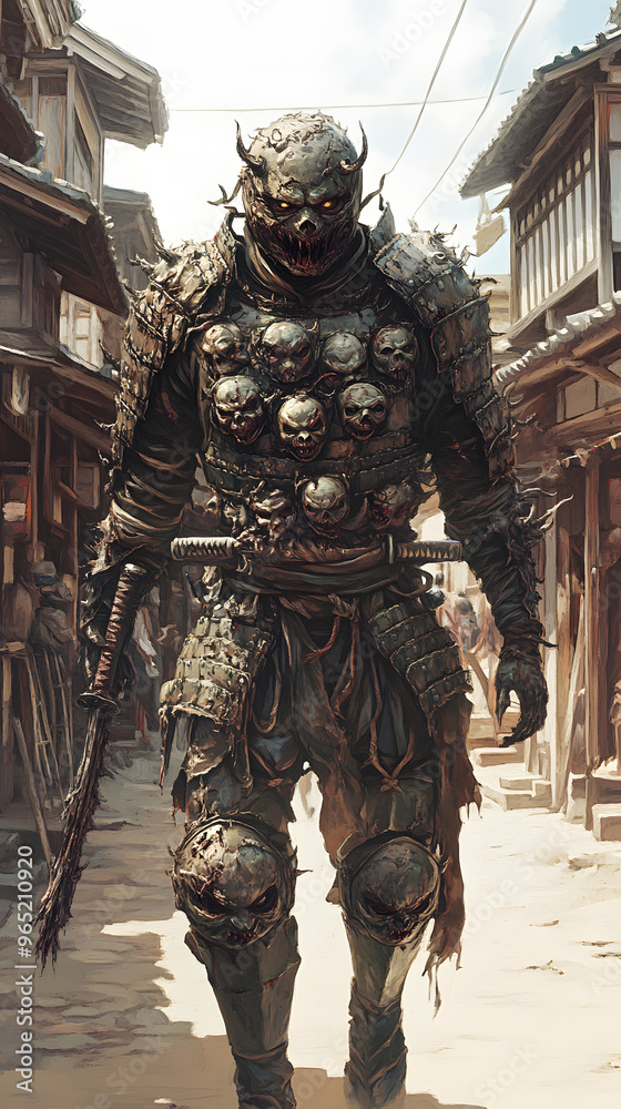 A samurai wearing menacing armor made from oni material, with a helmet, walking through an Edo period town during bright daylight