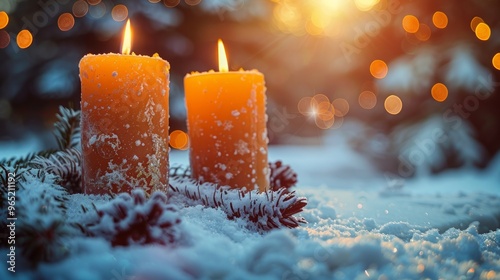 Christmas background with candles on a snow and bokeh