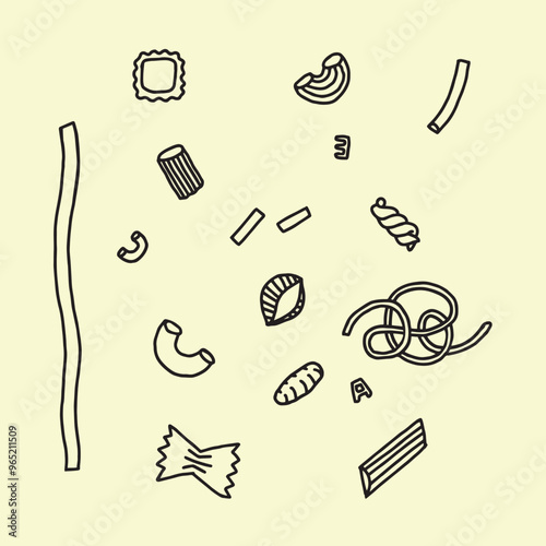 Pâtes, cuisine italienne, Art & Illustration, vectoriel, spaghetti, coquillette, dessin 