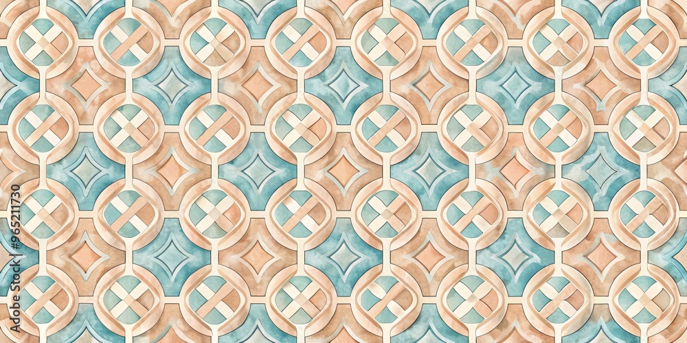 Fototapeta premium Watercolor Interlocking Geometric Pattern, Blue and Beige, Seamless Tile, Geometric Pattern, Tile, Watercolor