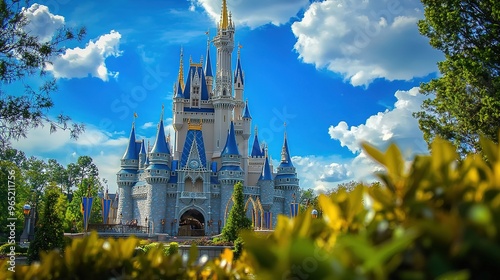 Majestic princess's castle with towering spires and intricate architecture, set against a beautiful backdrop.