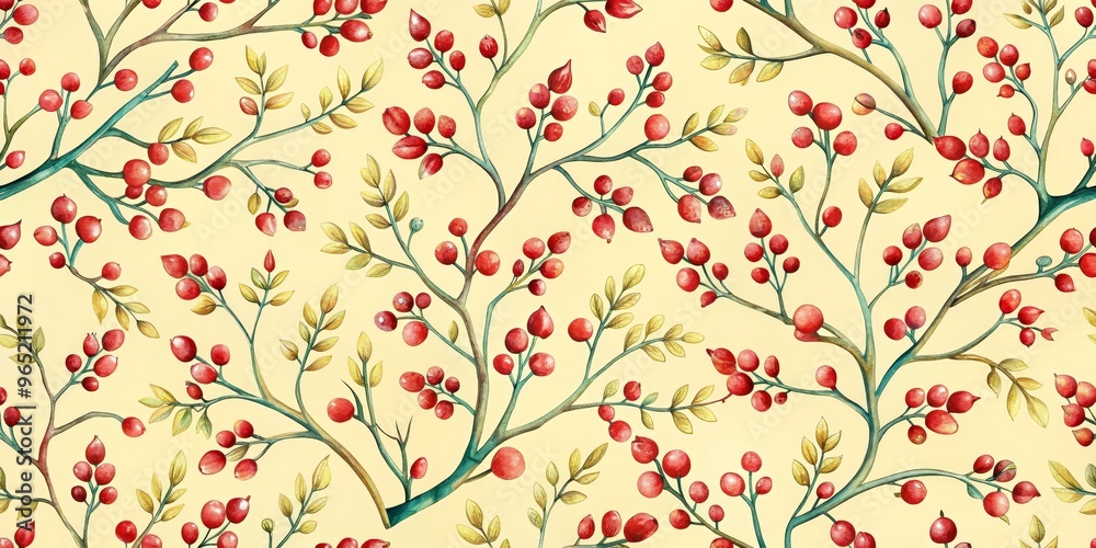 Watercolor Painting of Red Berries on Branches with Yellow Leaves, Seamless Pattern, Watercolor, Illustration, Berries, Branches, Pattern Watercolor Painting of Red Berries on Branches with Yellow Leaves, Seamless Pattern, Watercolor, Illustration, Berries, Branches, Pattern