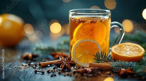 Christmas drink. Hot tea with lemon and spices in glass cup on dark background. 