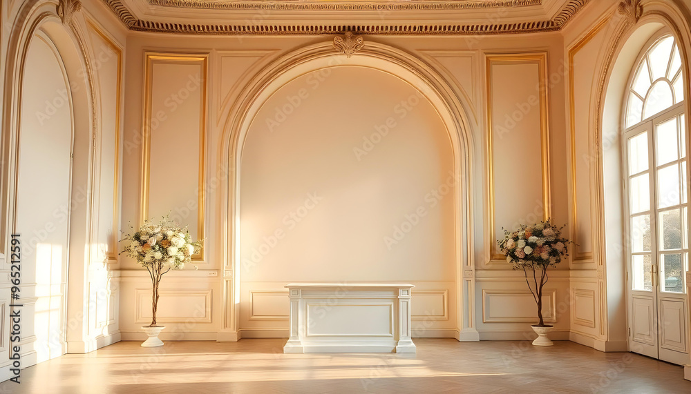 White Room with Gold Accents, Ornate Molding, and Arched Windows White Room with Gold Accents, Ornate Molding, and Arched Windows