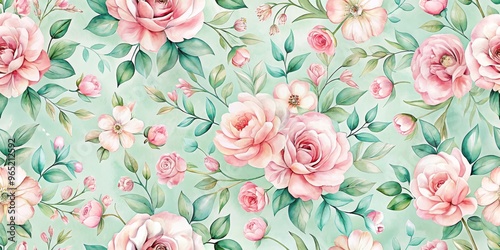 Watercolor Pink Roses and Green Leaves Seamless Pattern, floral, watercolor, botanical, flower, pattern, pink