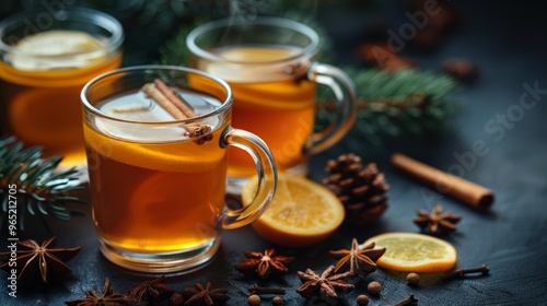 Christmas drink. Hot tea with lemon and spices in glass cup on dark background.  photo