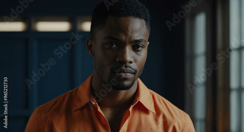 Calm Black male model in orange button up shirt on navy background