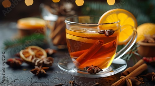 Christmas drink. Hot tea with lemon and spices in glass cup on dark background.  photo