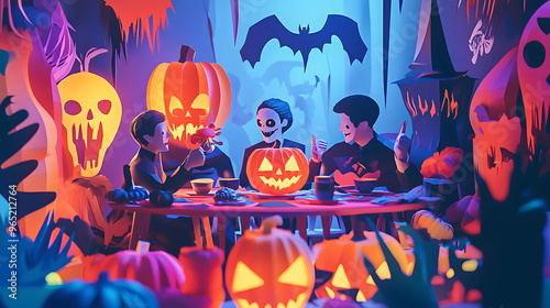 Halloween themed dining room party with family members, surrounded by vivid paper cut craft elements, in a minimal style with bright colors. photo