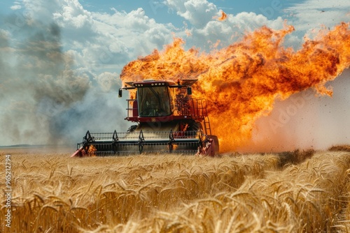 A combine harvester burns in a wheat field on a hot summer day photo