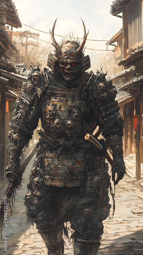 A samurai wearing menacing armor made from oni material, with a helmet, walking through an Edo period town during bright daylight A samurai wearing menacing armor made from oni material, with a helmet, walking through an Edo period town during bright daylight