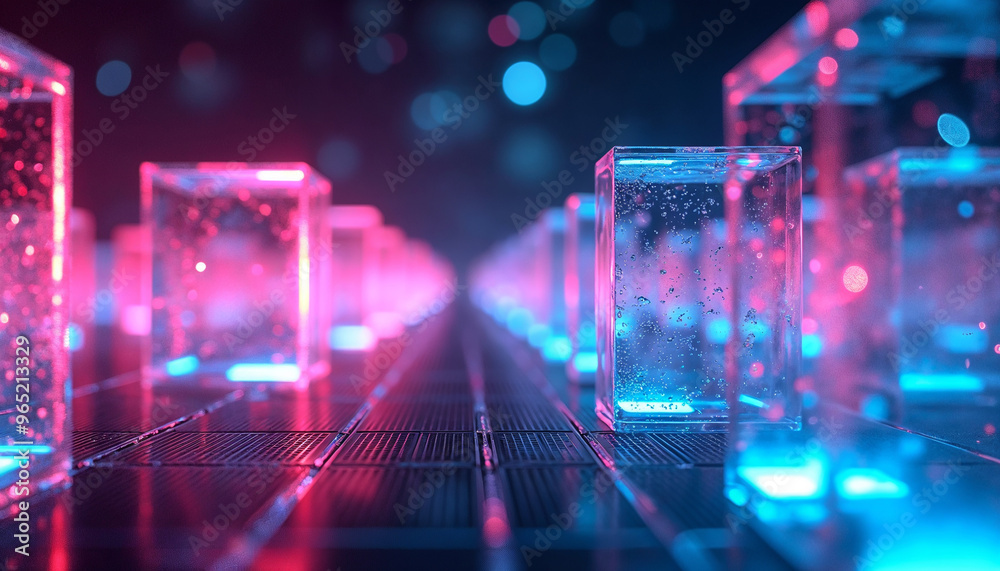 Row of Glowing Glass Cubes with Water Droplets Row of Glowing Glass Cubes with Water Droplets