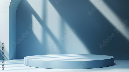 Minimalist blue podium with sunlight and shadow.