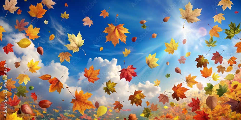Vibrant autumn colors unfurl across the sky as falling leaves dance in the crisp breeze, creating a stunning