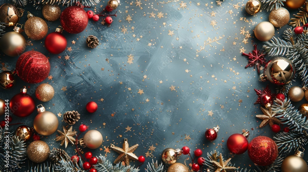 Christmas holiday background. Christmas tree frame with ornaments, stars. Gold and red glitter Christmas corner decoration.Merry Christmas hand written text.For holiday headers, banners, party posters Christmas holiday background. Christmas tree frame with ornaments, stars. Gold and red glitter Christmas corner decoration.Merry Christmas hand written text.For holiday headers, banners, party posters