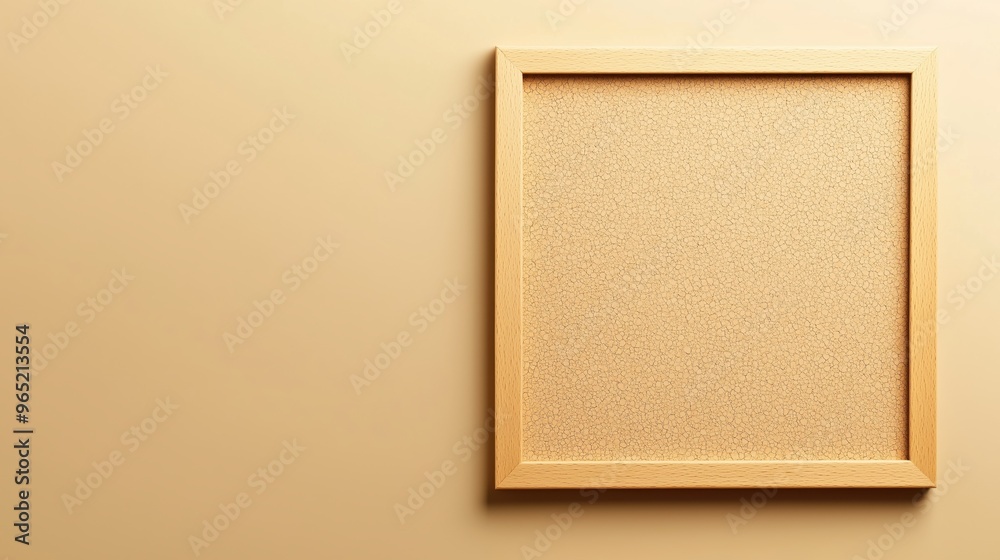 Fototapeta premium A wooden frame with a white background. The frame is empty and has a simple design. The background is a light beige color