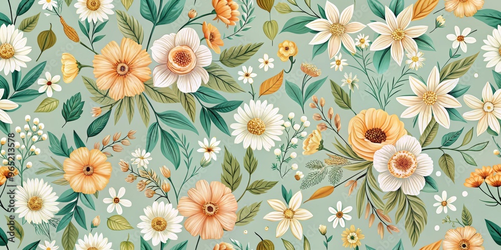 Whimsical Floral Tapestry A Digital Seamless Pattern Featuring Delicate Flowers and Lush Foliage on a Mint Green Background, floral pattern, seamless pattern, botanical art